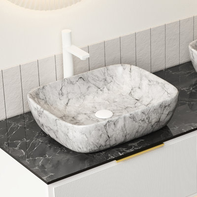 Lavabo de salle de bain 19 po en céramique avec motif en marbre blanc, sans armoire, gris pierre, construction, teinture de qualité, simple à garder en place, profondeur de 19,98 po, largeur de 15,73 po, hauteur de 5,55 sans performance élevée