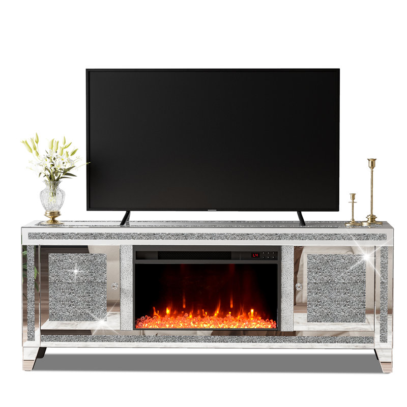 Meuble télé avec foyer à miroir pour téléviseur de 65 po, console de télévision argentée avec diamant écrasé et DEL pour le salon
