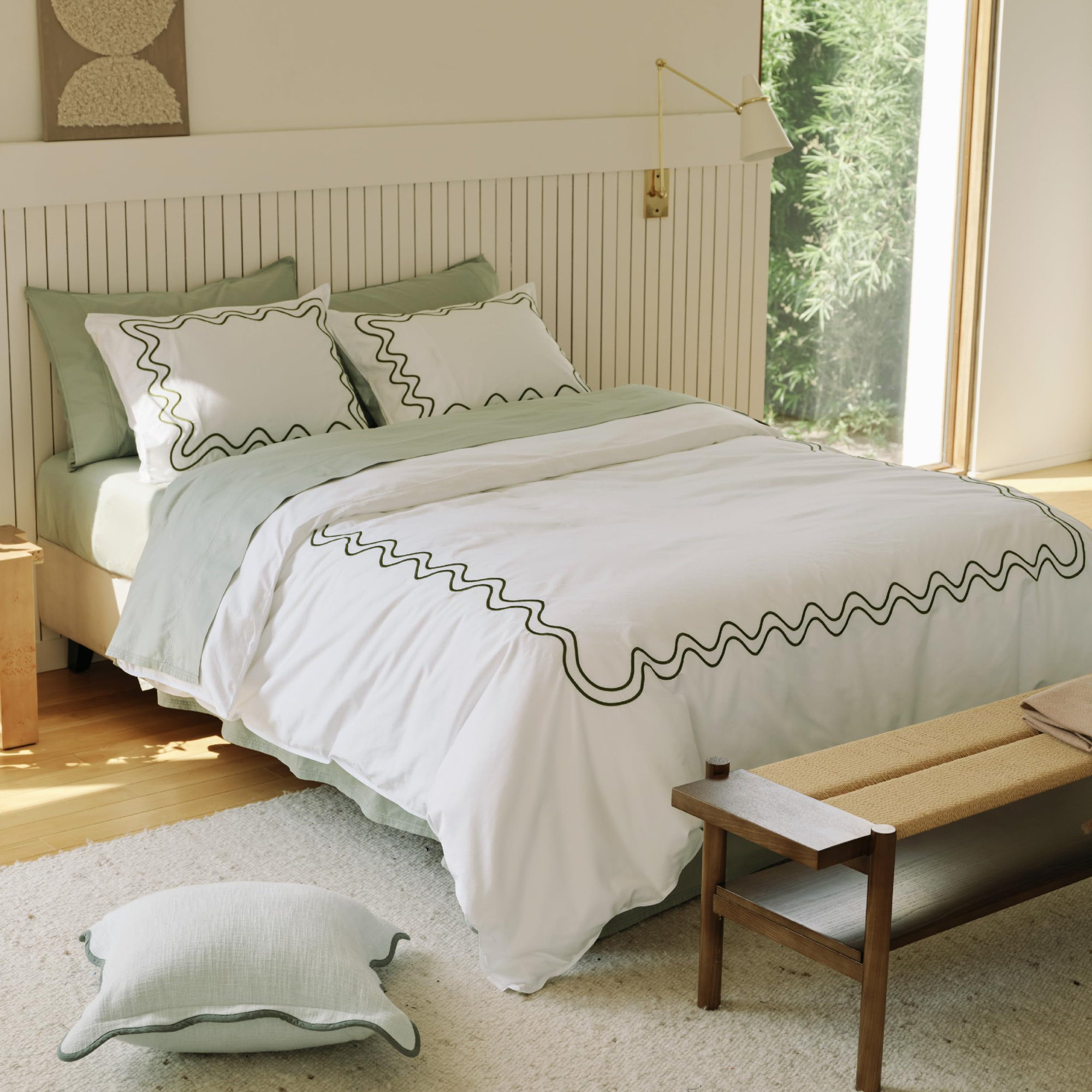 Double Stitch Supima Cotton Duvet Cover Set - 100% American Grown Cotton Embroidery Duvet Cover, Luxury 600 Thread Count Sateen Weave, Hotel Quality Bedding Set