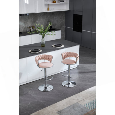 Set Of 2 Bar Stools,With Chrome Footrest And Base Swivel Height Adjustable Mechanical Lifting Velvet + Chrome  Leg Simple Bar Stool