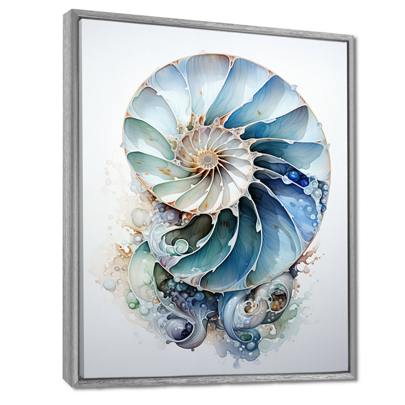 Nautilus Ocean Blue Sheels Symetry - Nautilus, art mural, Reproduction avec cadre flottant, H 32 po x l 24 po, Silver