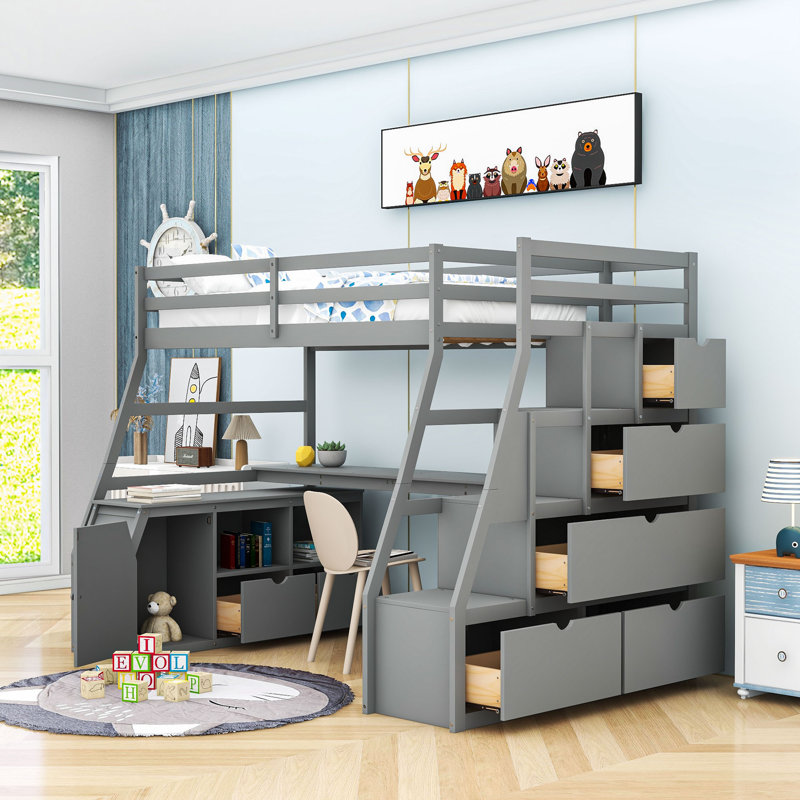 Lit mezzanine 7 tiroirs avec bureau intégré Ginnette par Harriet Bee, Simple, gris