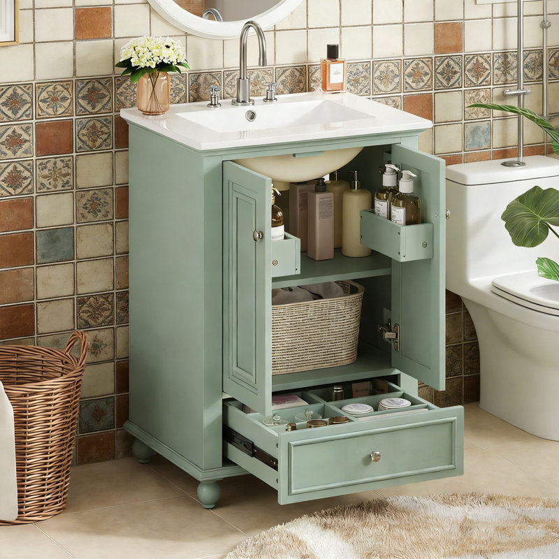 Meuble-lavabo de salle de bain avec lavabo en céramique, portes à fermeture douce et tiroir, Vert