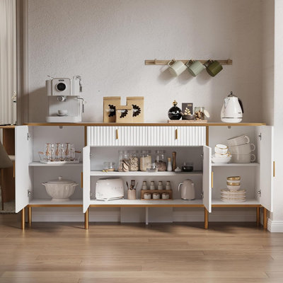 Fluted Modern Sideboard Buffet Cabinet – Adjustable Shelves With Pop-Up Doors, Accent Storage For Kitchen, Living Room, Or Hallway, White & Gold
