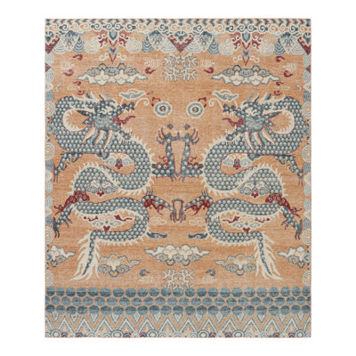 Rug & Kilim’S Distressed Dragon Rug In Blue, Gold And Red Pictorial Patterns