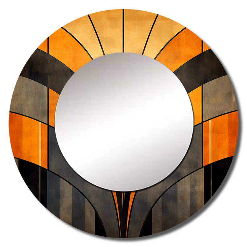 Vecteurs orange et gris Saffire - grand miroir de formes abstraites, miroir mural décoratif rond moderne, impression d'art en métal