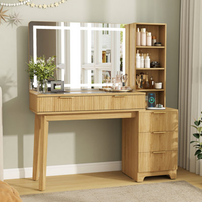 48" W Modern Large Vanity Desk With 7 Drawers, 4 Shelves, Led Lighted Mirror & Power Outlets by Latitude Run
