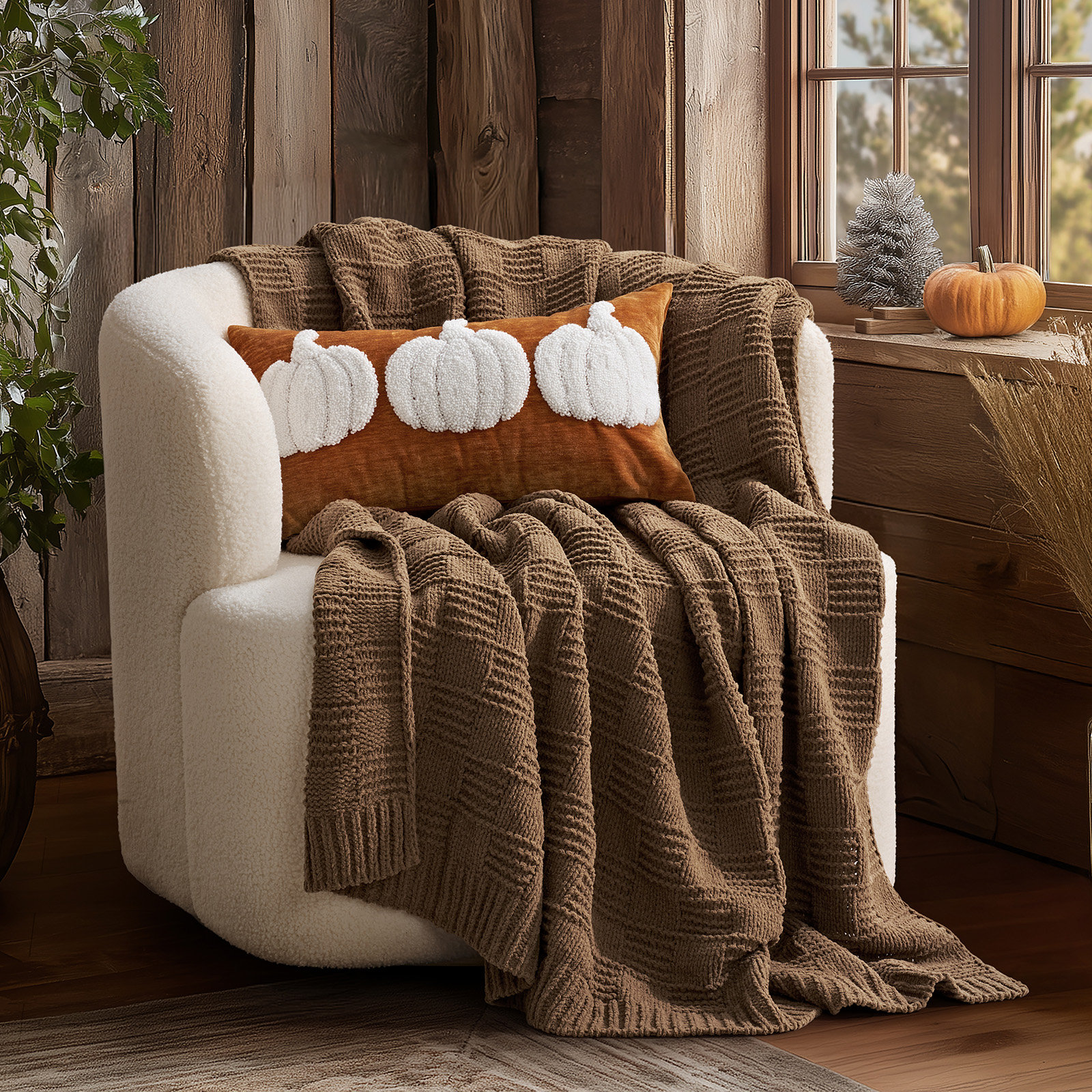 Checkered Weighted Knit Throw Blanket, 60" X 80", Camel Brown