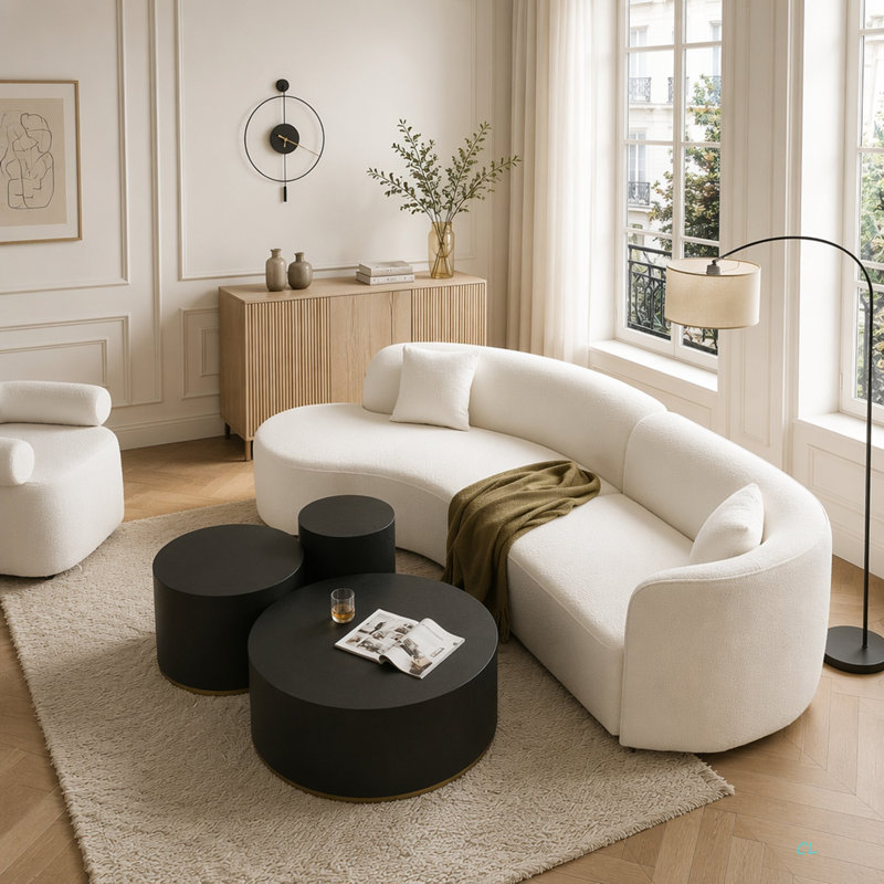 Ensemble de canapé de luxe 2 pièces de style moderne avec dossier courbé et méridienne, canapé modulaire faisant face à la gauche, canapé Boucle