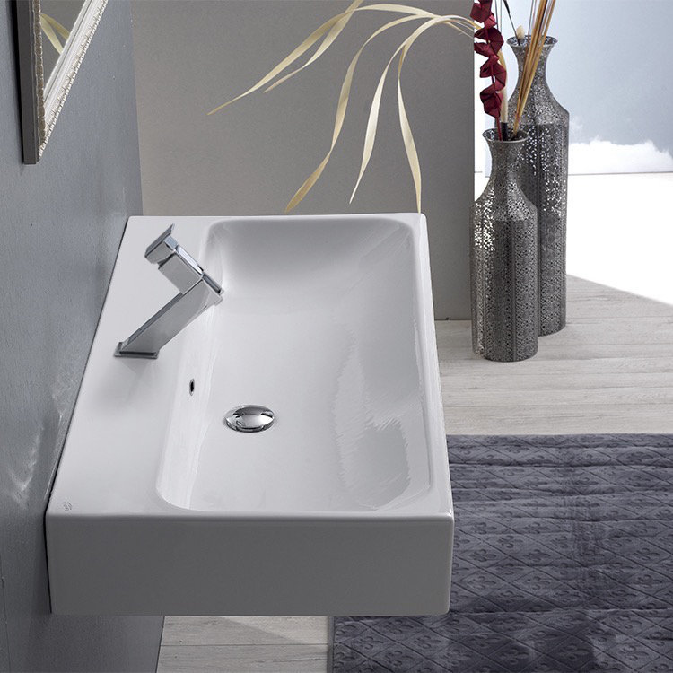 CeraStyle By Nameeks Pinto 18.3'' Glossy White Ceramic Rectangular Vessel, Wall Mount Bathroom Sink with Overflow