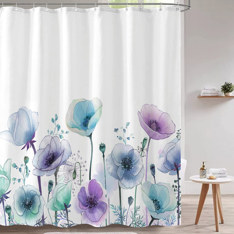 Ensemble de rideau de douche lavande aquarelle et fleurs translucides à motif floral et aquarelle bleu 72 po x 72 po