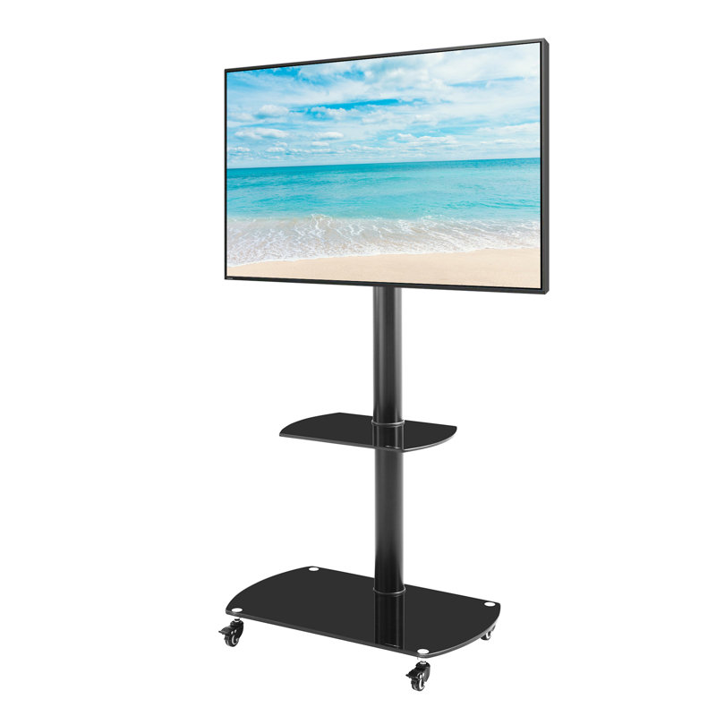 Height and Angle Adjustable Multi-Function Tempered Glass Metal Frame Floor With Lockable Wheels Mobile TV Stand, LCD/Plasma TV bracket  2 Tier Tempered Glass Shelves For Multiple Media Devices