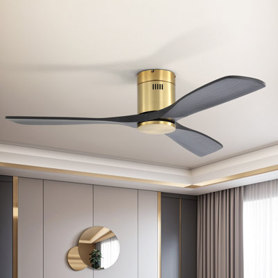  Sofucor Rachel 52'' 3-Solid Wood Blade Flush Mount Classic Ceiling Fan no Lights, Gold/Black
