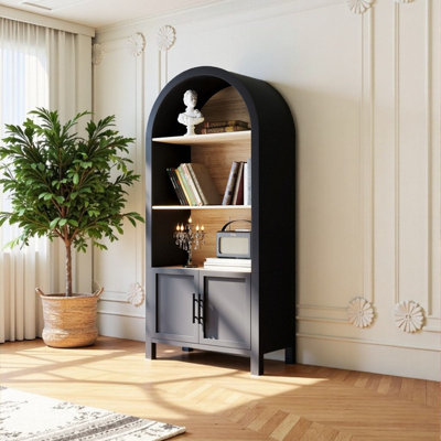 3-Tier Bookshelf Storage with Bottom Cabinet, Black Frame with Wood Shelves