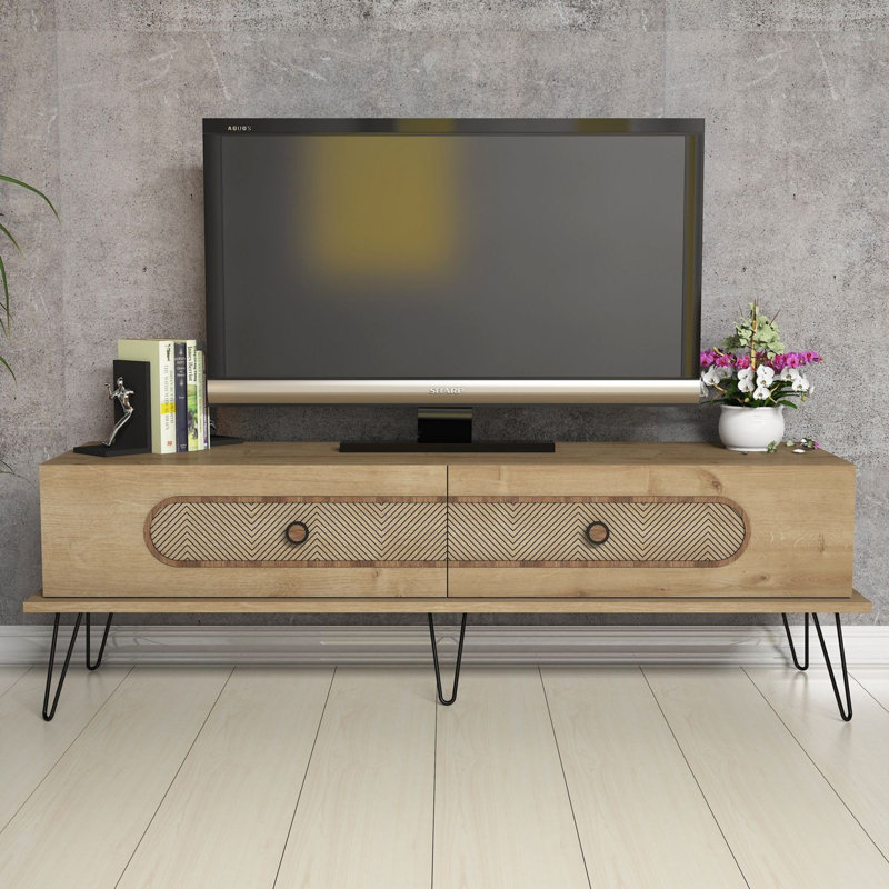 Modern TV Stand with Metal Legs, Oak Color, 57.1 x 17.7 x 15.7 inches | 100% Melamine Coated Particle Board, 0.7-inch Thickness, Wall-Mountable, Multiple Shelves, Scandinavian Geometric Design for Living Room