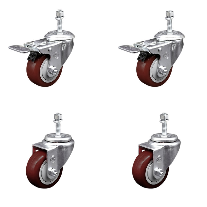 3,5 pouces SS Marron Poly 10mm filetées roulettes à tige 2 freins à verrouillage total SCC