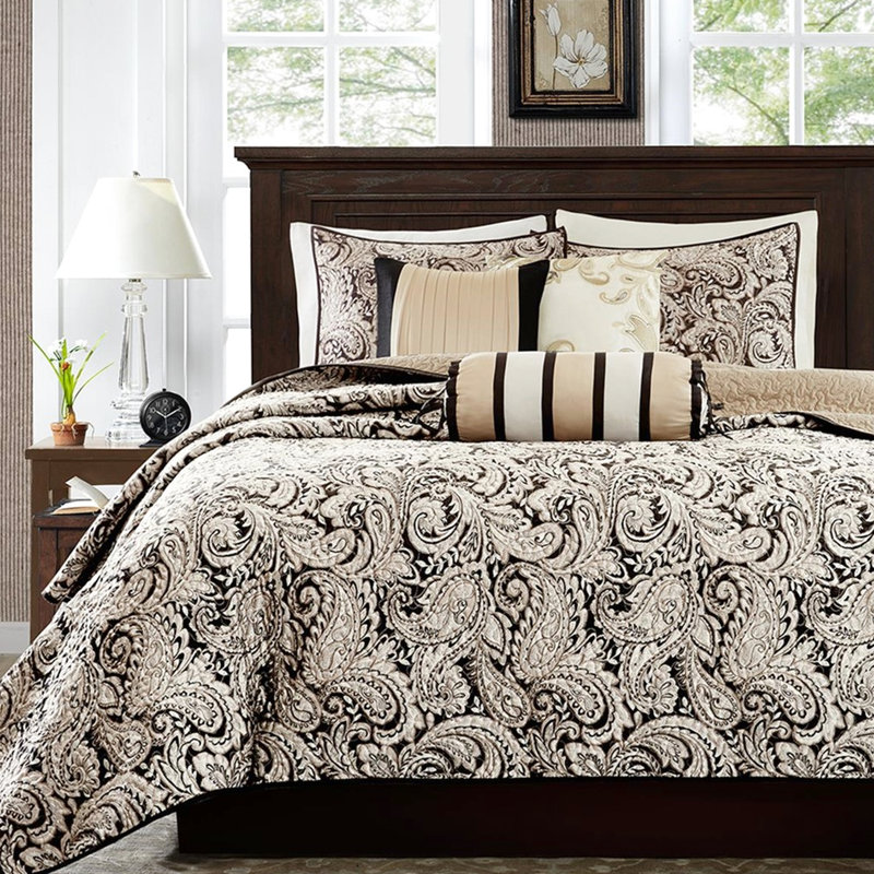 6 Piece Quilt With Pillows - Black King/ King Size Traditional Pattern Microfiber Reverse Cotton Filled For A Peaceful Night Bedding Classic Design Serene Bedroom