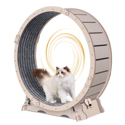 41'' Cat Exercise Wheel For Indoor Cats – Natural Wood Color Running Wheel With Carpeted Runway, Silent Tpe Rollers, Built-in Security Lock & Anti-pinch Protection