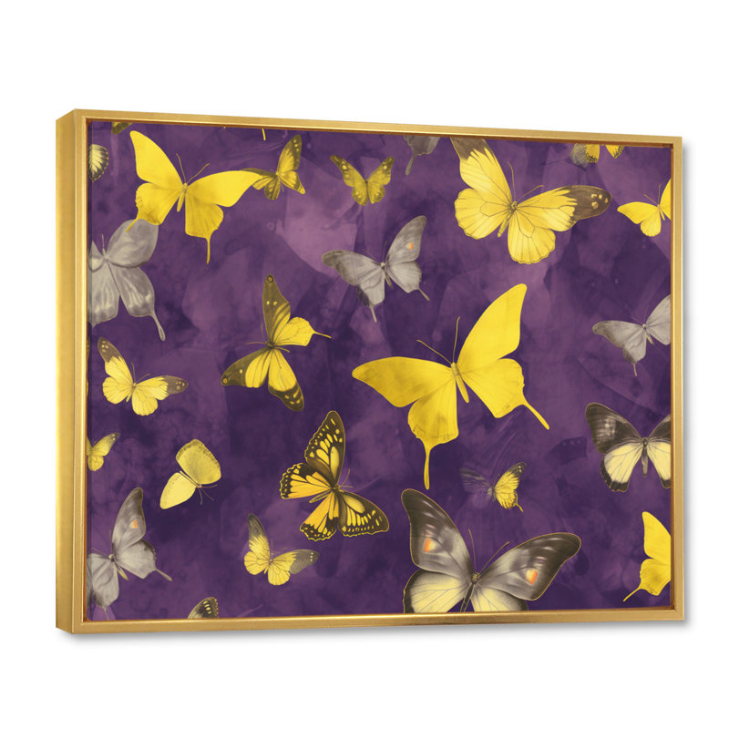 Papillon jaune et mauve, H 34 po x l 44 po x P 1,5 po, Cadre flottant doré