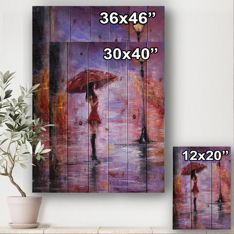 Femme en rouge marchant avec un parapluie - reproduction d'art sur bois sans cadre, H 46 po x l 36 po x P 1,5 po