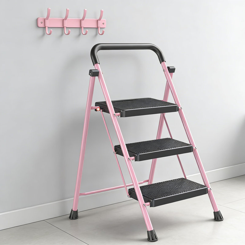 Tabouret robuste à 3 marches pliable pour adultes, capacité de 500 lb, pieds et pieds larges antidérapants, structure en acier robuste, conception légère et peu encombrante pour la maison, la cuisine et le garage