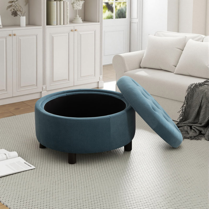 Repose-pieds rembourré rond avec couvercle réversible, Bleu