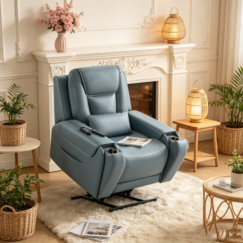 Power Lift Recliner – Massage & Heat, Lay Flat Leather, USB, Cup Holders, Power Headrest, Independent Backrest, Navy, Blue