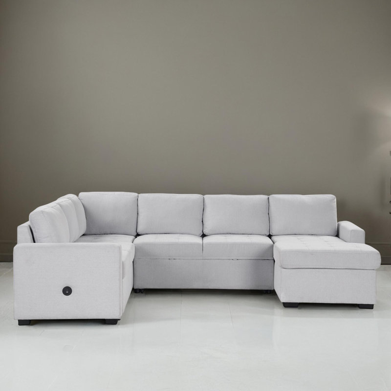 108" Upholstered Pull-Out Sleeper Sectional Sofa Bed, Gray Polyester Blend