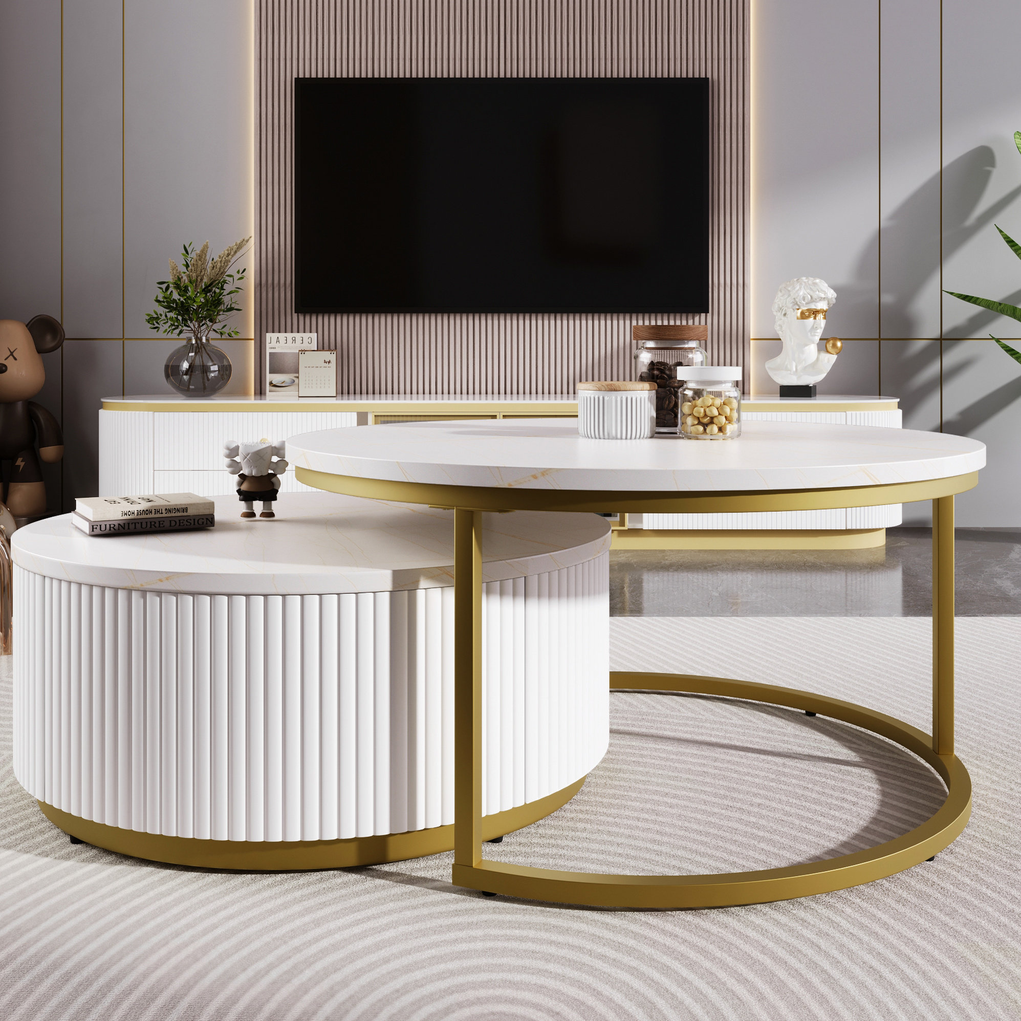 Latitude Run® Elegant Fluted Nesting Coffee Table With Storage Function ...