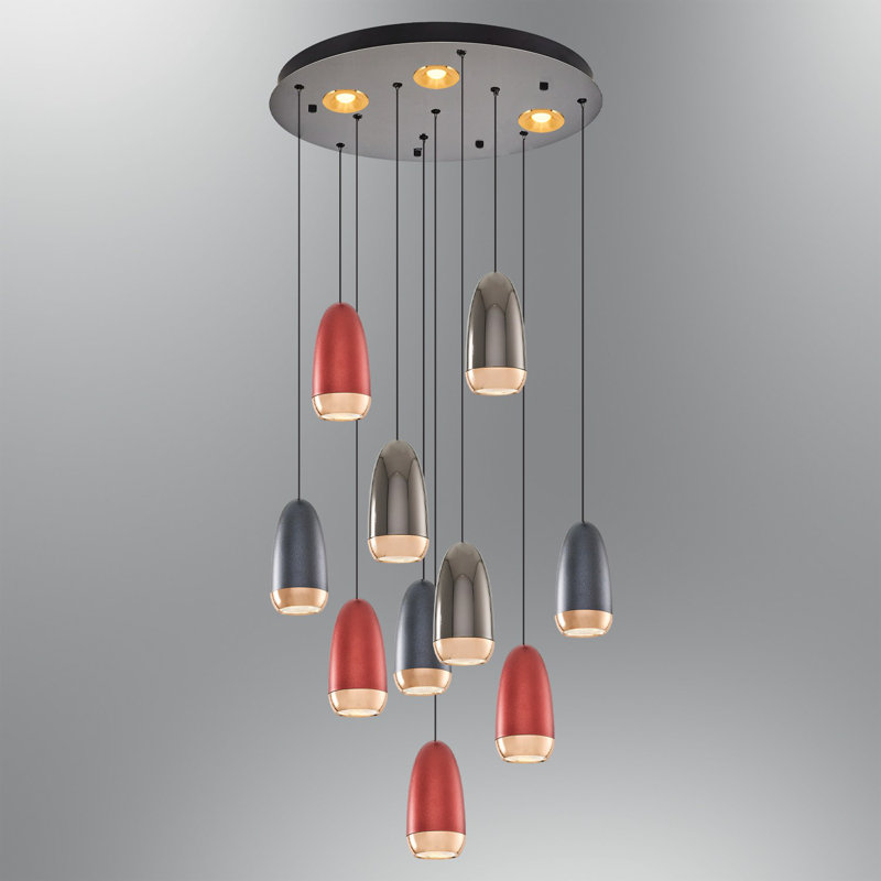 Superbe lustre en métal avec capuchon en verre opale, 15,7 po de diamètre x 47,2 po de hauteur | 1 x douille DEL 50 W, lumière 3000 K, 5000 lumens | Assemblé, élégant design rouge, bleu et gris | Parfait pour le salon et la salle à manger
