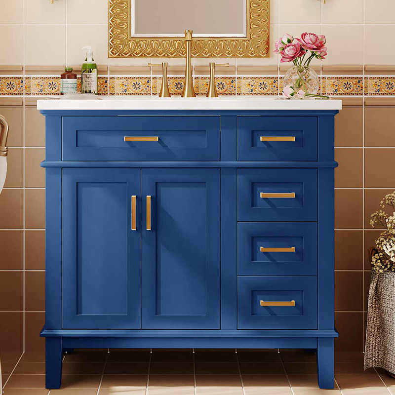 36-Inch Modern Bathroom Vanity With Ceramic Sink, Cabinet With Four Drawers, Blue