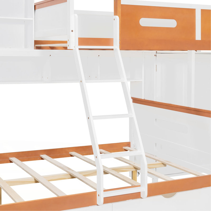 Lit superposé simple au-dessus d'un lit double en bois avec garde-robe, tiroirs, tablettes et lumière DEL (blanc + orange)