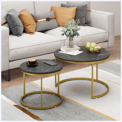 27.6" Round Nesting Coffee Table Set of 2 | Wood Marble Pattern Top, Black Metal Frame