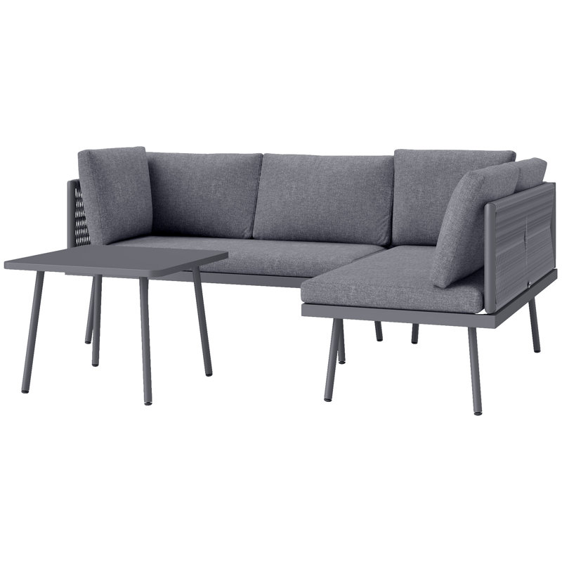 Ensemble de canapé de patio 3 pièces en osier avec table en acier, gris