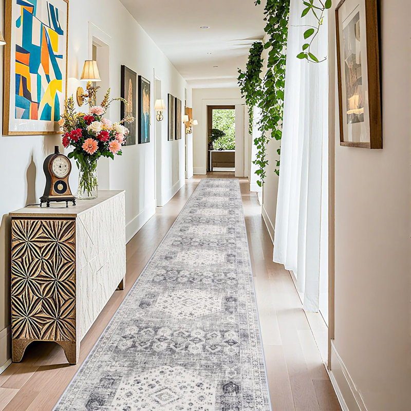 Washable 3x25 Hallway Runner Rug - Extra Long Vintage Non Slip Stain Resistant Rugs for Entryway Hall Kitchen Indoor Soft Living Room Bedroom Carpet Durable Low Pile Home Decor Floor Mat 3'x25' Grey