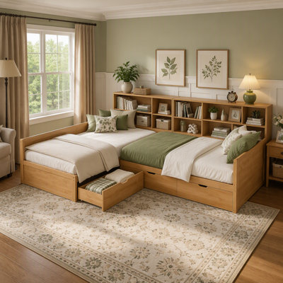 Wooden L Shaped Daybed Frame with Trundle Storage Drawer and Integrated Bookcases for Versatile Corner Sleeping Solutions