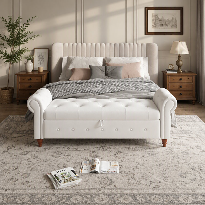 Banc de lit 63 po en tissu blanc crème