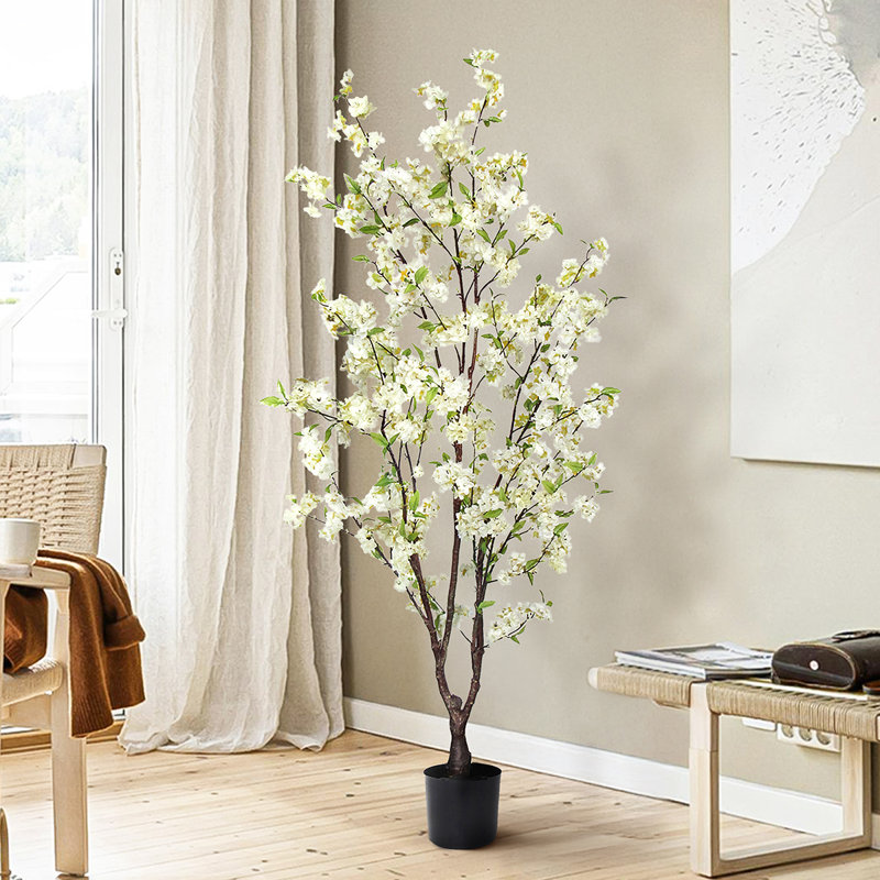 Cerisier artificiel en pot, Crème/blanc, H 66 po x l 34 po x P 32 po