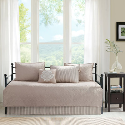 Khaki Reversible Daybed Cover 6 - Twin Sized, Solid/Printed Stripe, 3 Shams, 15" Drop , Exquisite Decorative Pillow Size, Solid/Printed, Pillow, Soft Cotton Filling