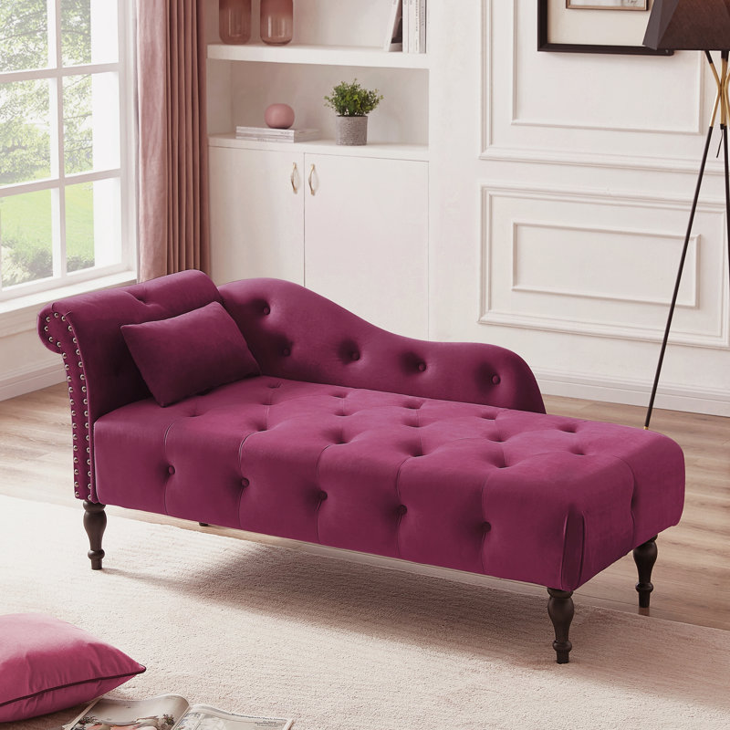 Chaise Lounge Buttons Tufted Nailhead Trimmed Solid Wood Legs, Burgundy