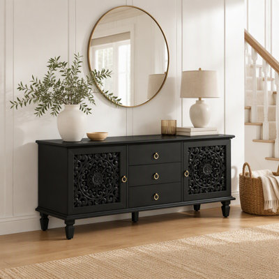 Meuble télé Farmhouse avec portes sculptées creuses, armoire de rangement Buffet rétro avec 3 tiroirs et tablettes réglables, console autoportante rétro pour le salon, la salle à manger et l'entrée