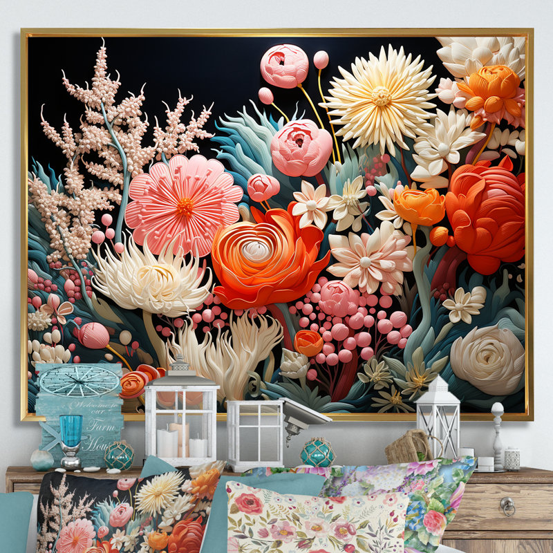Pêche et corail blanc II sur toile, H 12 po x l 20 po x P 1 po, Cadre flottant doré