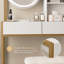 Ensemble de meuble-lavabo de 46,8 po de hauteur, or blanc et miroir, avec 3 modes d'éclairage, prises de courant, tiroirs et tablettes ouvertes, complet avec tabouret rembourré
