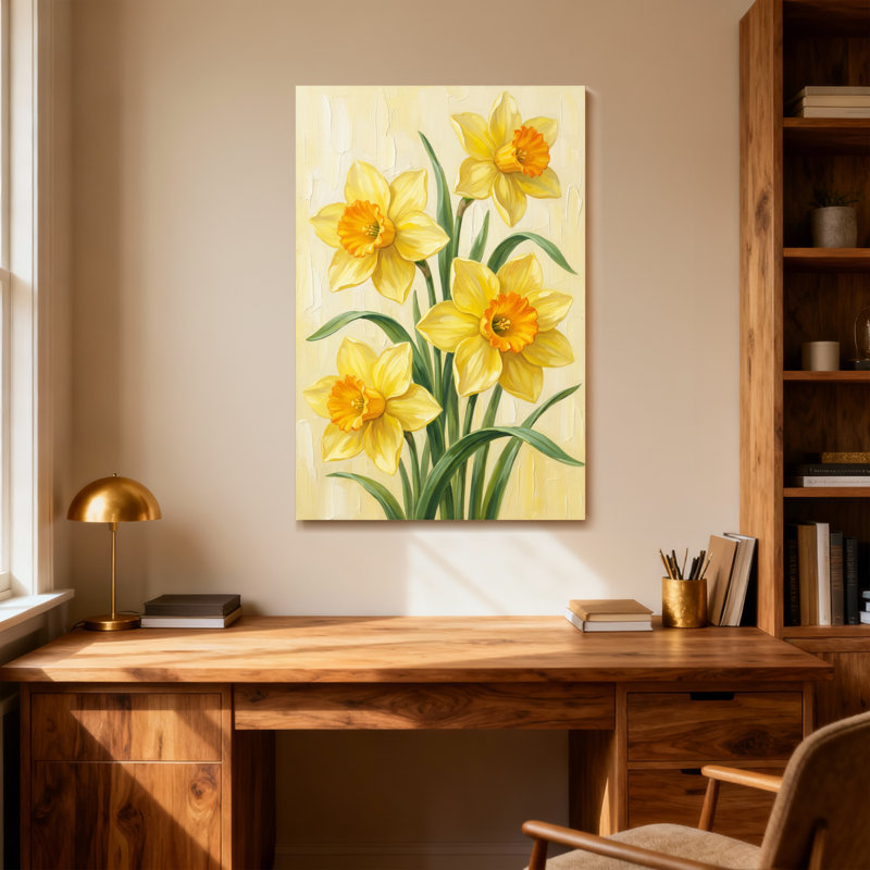 Jonquilles jaunes sur fond crème, H 18 po x l 12 po