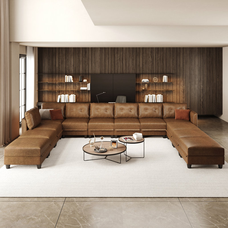 Canapé modulaire modulaire avec rangement, similicuir brun moderne, méridienne réversible, canapé en forme de U pour le salon, imperméable et facile à nettoyer, 7 sièges avec 5 repose-pieds