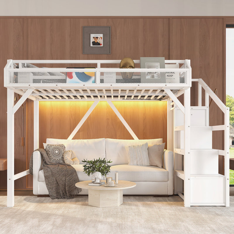 Lit mezzanine avec escalier de rangement, tablettes et garde-robe intégrée, Blanc, Très grand simple