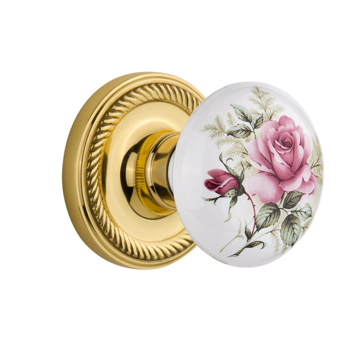 Rosette corde avec bouton de porte en porcelaine blanche, Laiton poli