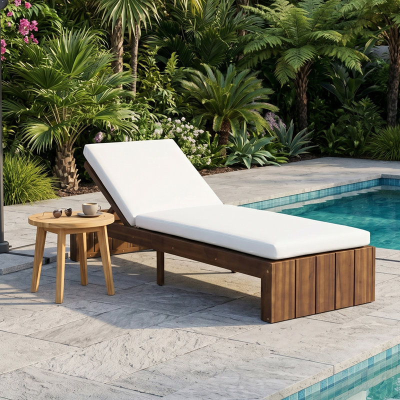 Chaise longue d'extérieur en bois d'acacia Indie avec coussin hydrofuge et dossier inclinable, White Cushion/Mocha Frame
