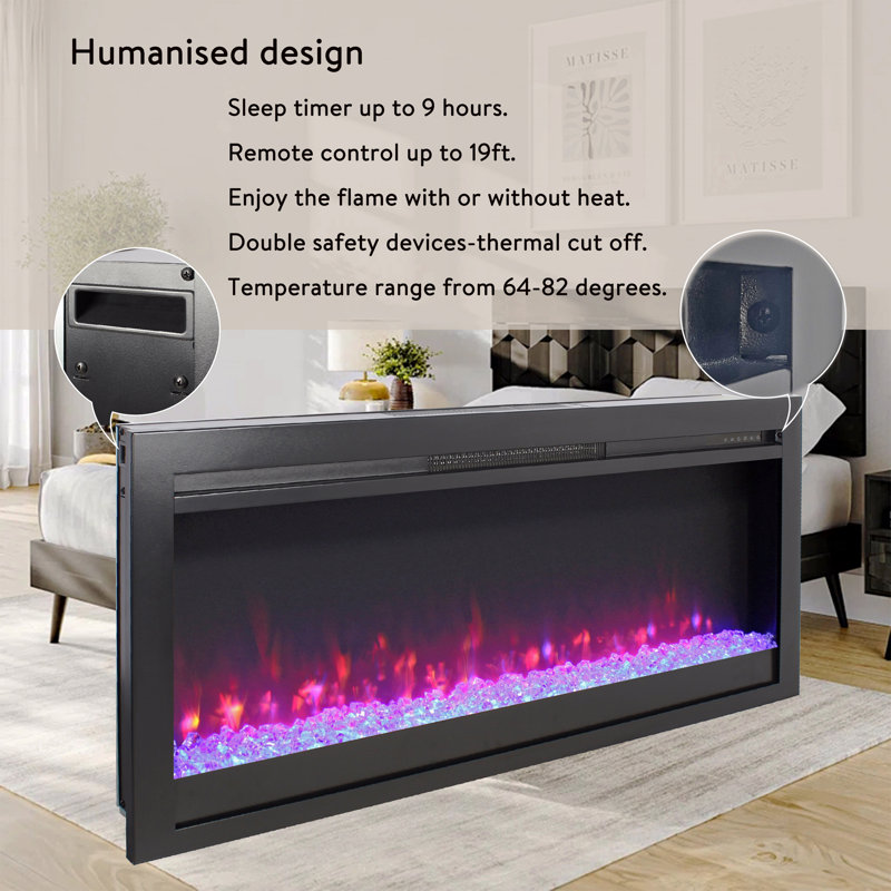 44" Electric Fireplace, In Wall Recessed With Remote And Multi Color Flame And Embers, LED Light Heater