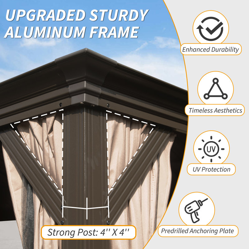 Outdoor Galvanized Steel Patio Gazebo with Double Roof, 124.25" H x 156.14" W x 156.14" D, Brown
